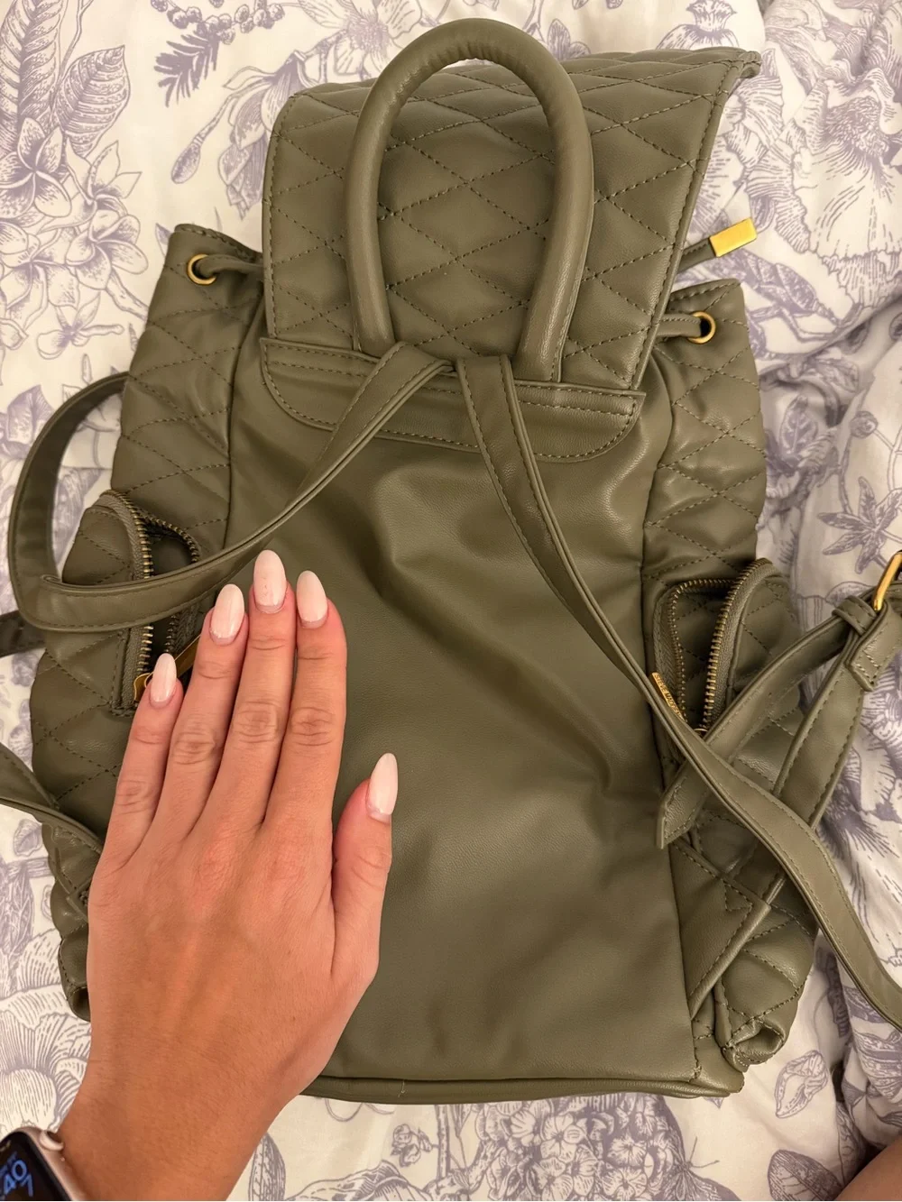 Steve Madden Quilted Olive Backpack with Gold Hardware